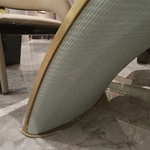Rounded Rectangular Marble Dining Table with Woven Leather Arched Base and Metal Trim